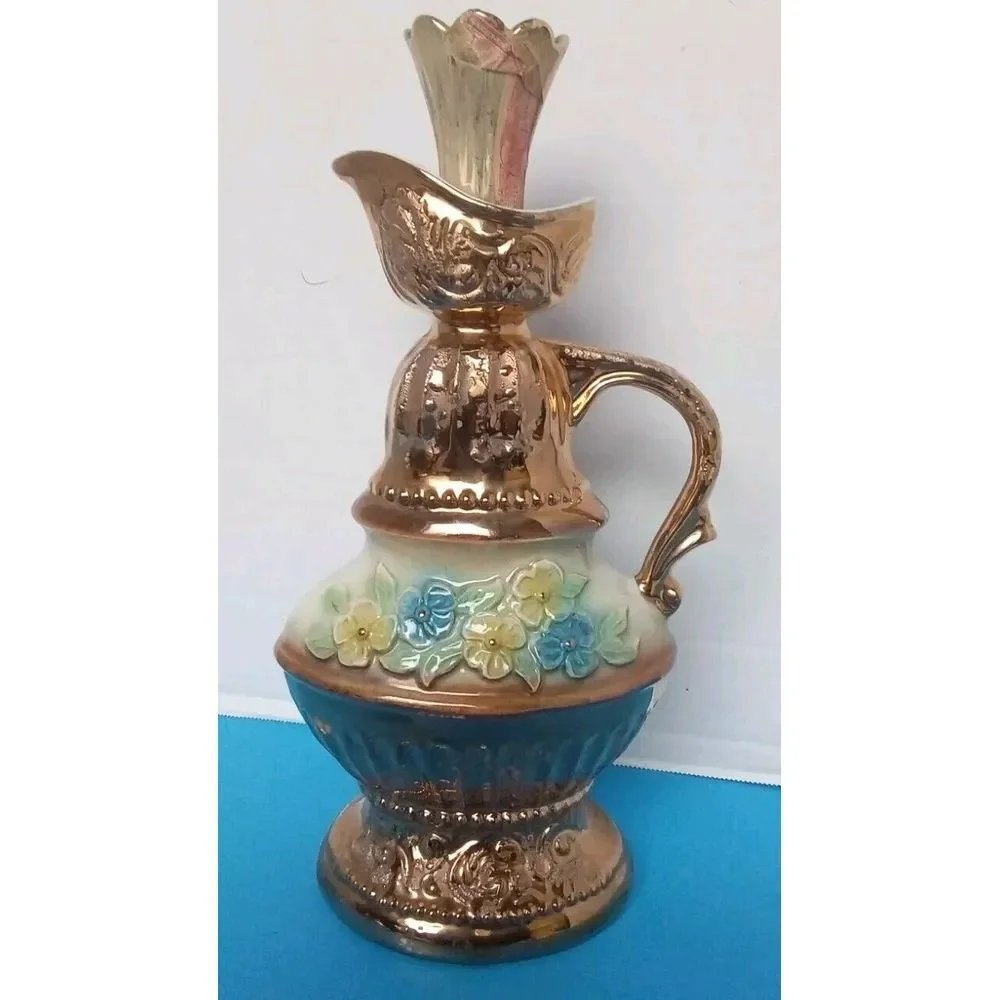 Vintage Decorative Ceramic‎ Pitcher Vase with Copper Finish and Floral Design